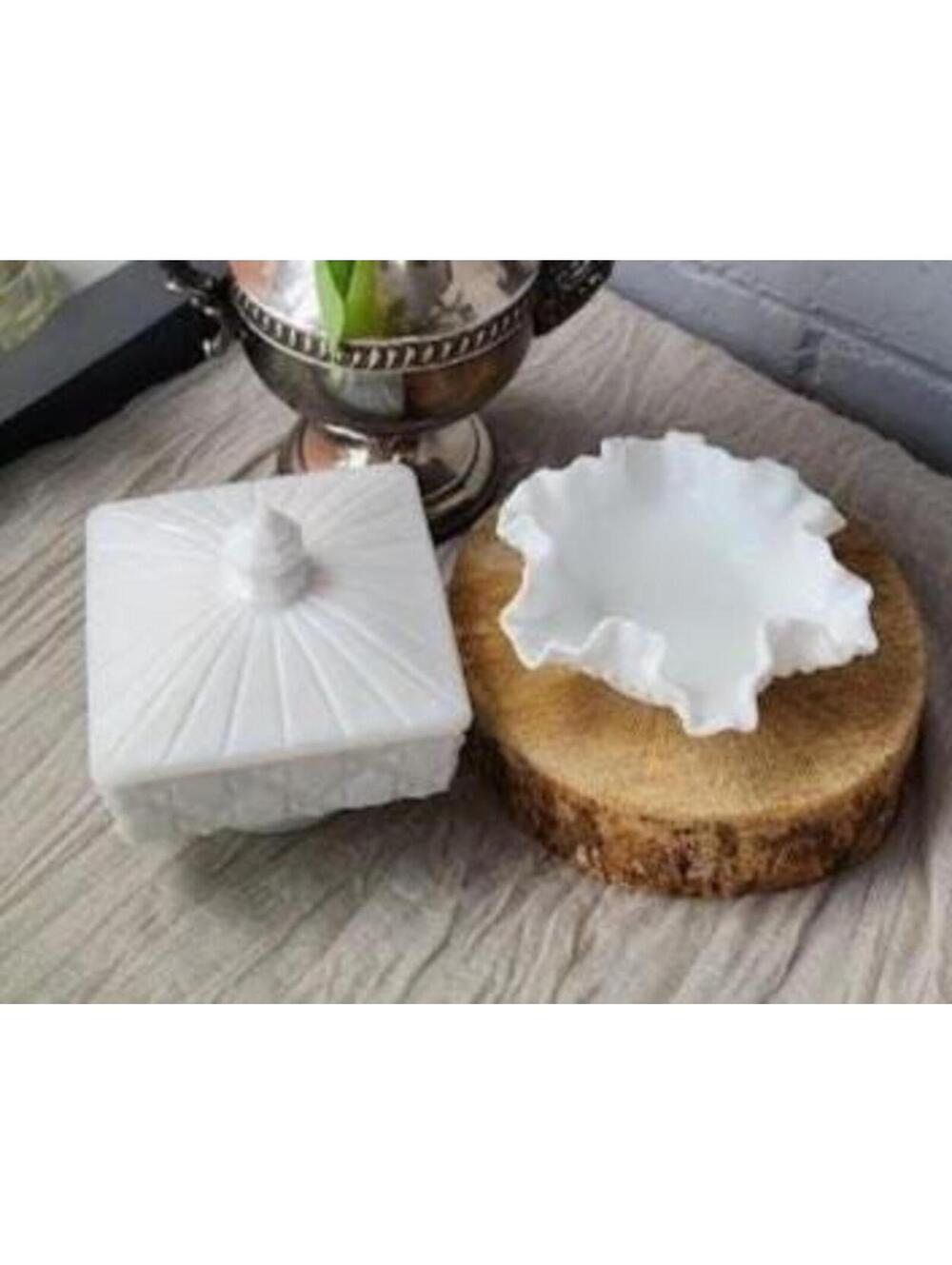 Vintage Milk Glass Pedestal Dish & Lidded Candy Dish Set